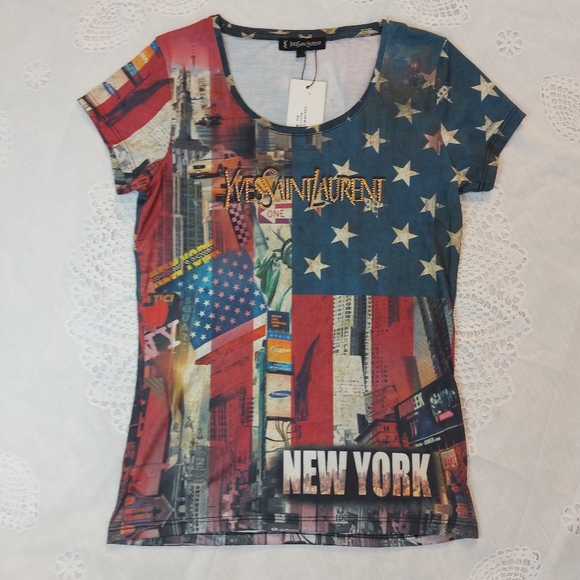 Yves St Laurent Inspired New York Novelty Print Short Sleeve Top Sz M - Picture 3 of 10